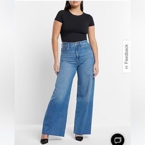 Express High Waisted Medium Wash Raw Hem Baggy Relaxed Wide Leg Jeans, Sz 14